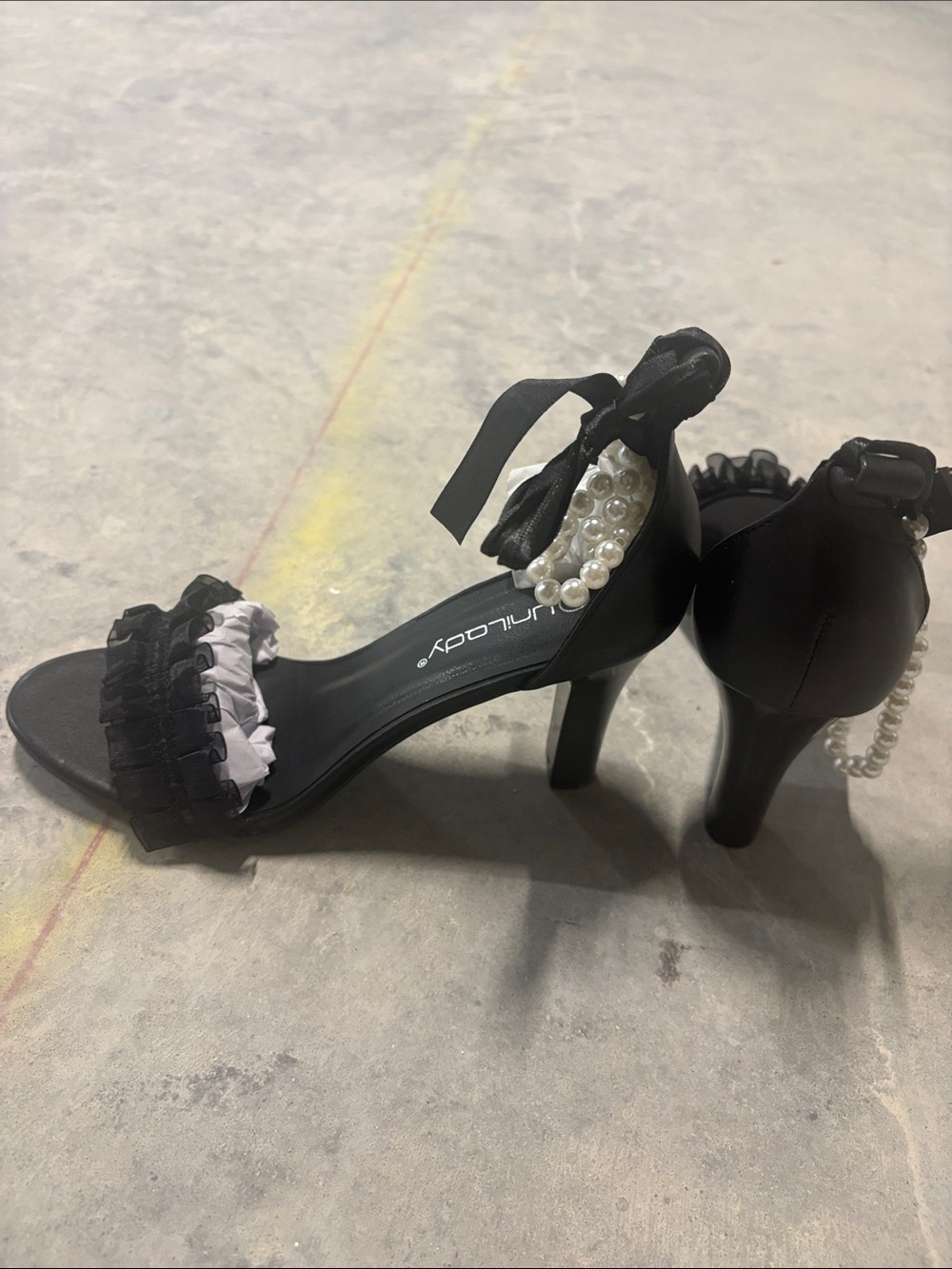 Pearl-Embellished Ruffle Ankle-Tie Heels in Blush - Picture 3 of 3